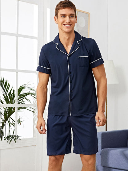 Navy Blue Contrast Piping Sleepwear Set