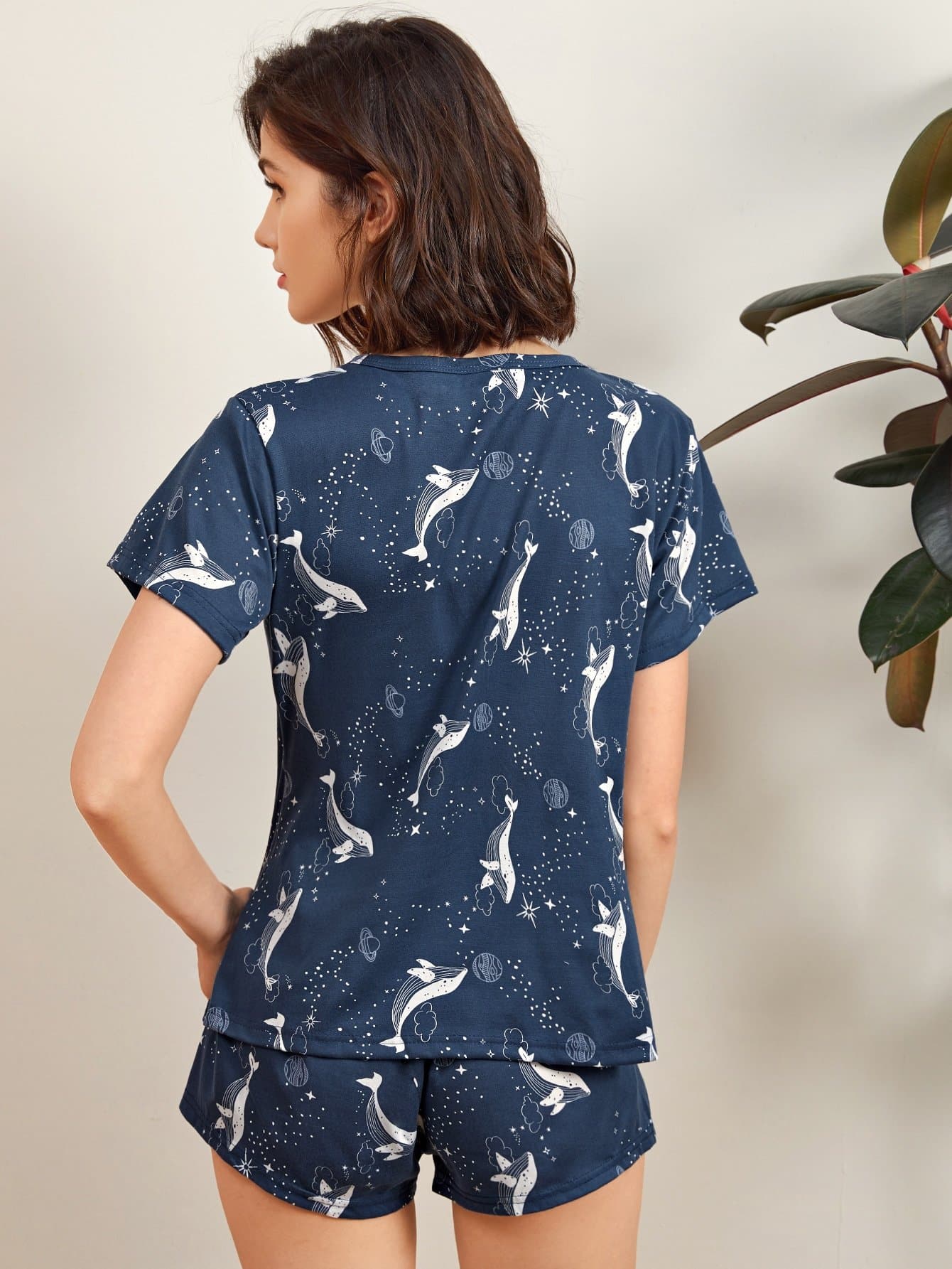 Navy Blue Round Neck Cartoon Dolphin Print Pyjama Sleepwear Set With Eye Cover