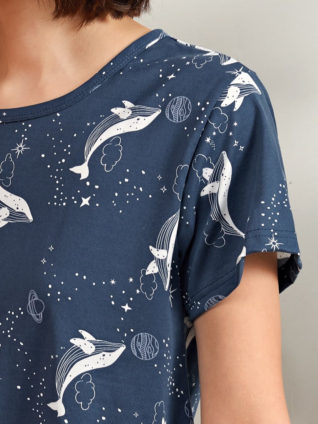 Navy Blue Round Neck Cartoon Dolphin Print Pyjama Sleepwear Set With Eye Cover
