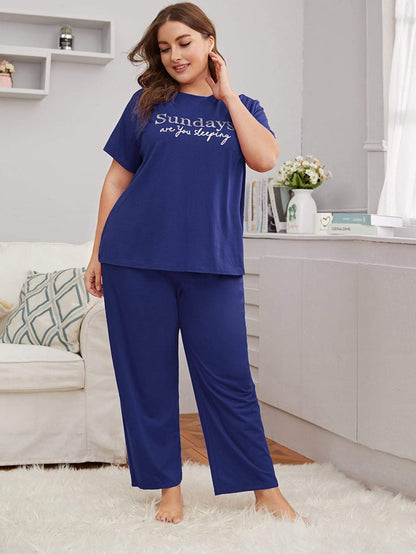 Plus Size Round Neck Slogan Graphic Top & Pants Sleepwear