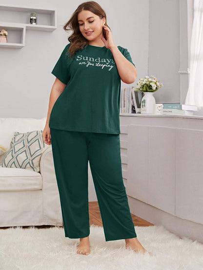 Plus Size Round Neck Slogan Graphic Top & Pants Sleepwear