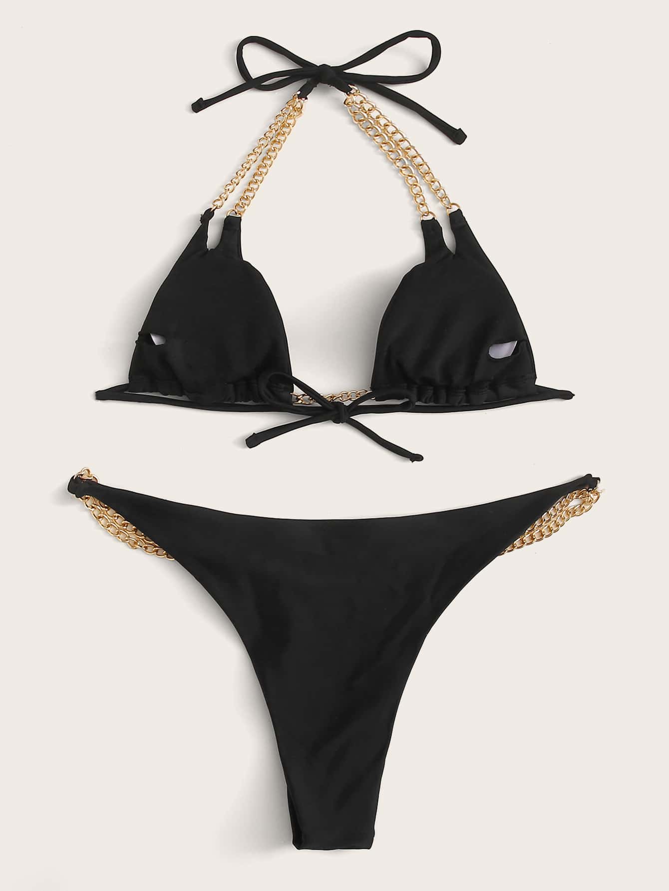Spaghetti Strap Chain Linked Triangle Thong Bikini Swimwear