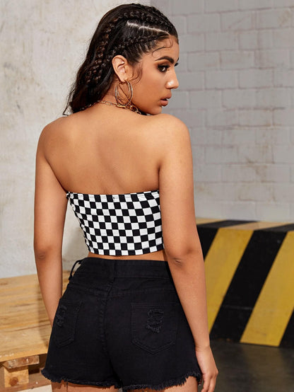 Black and White Strapless Sleeveless Checkered Slim Fit Tube Top