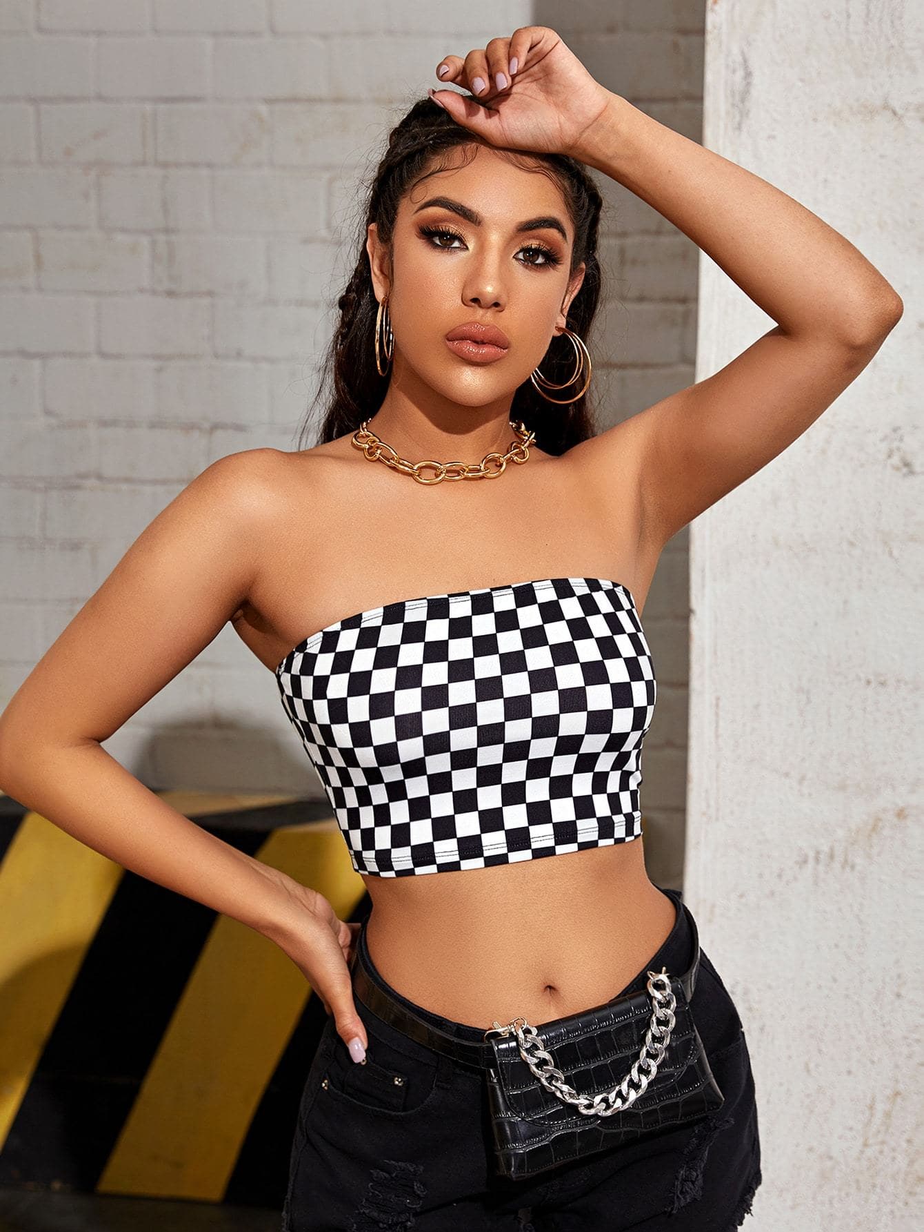 Black and White Strapless Sleeveless Checkered Slim Fit Tube Top