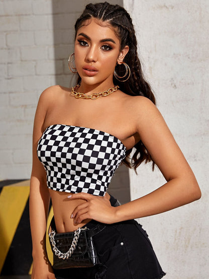 Black and White Strapless Sleeveless Checkered Slim Fit Tube Top