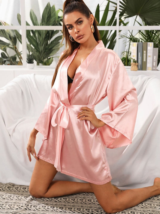 Pink Satin Self Tie Night Robe