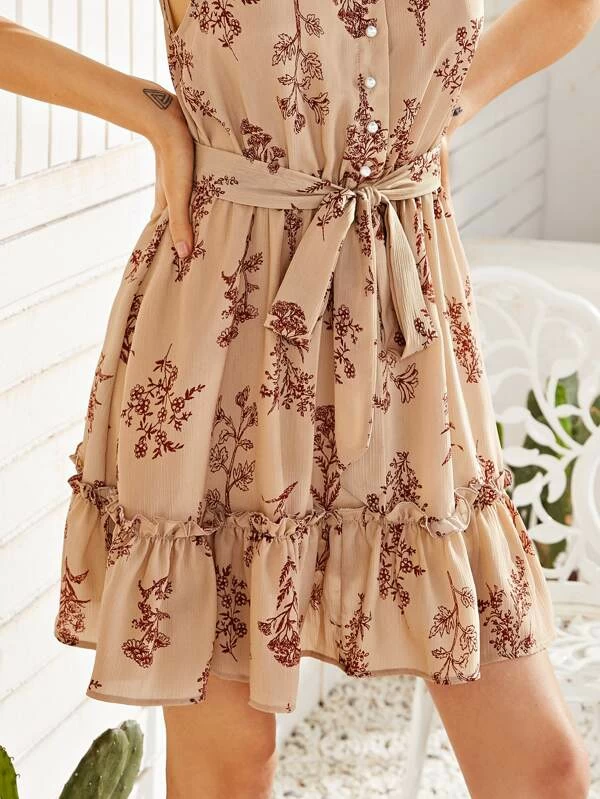 Spaghetti Strap Sleeveless Frilled Neck Pearl Button Front Belted Ruffle Hem Floral Dress