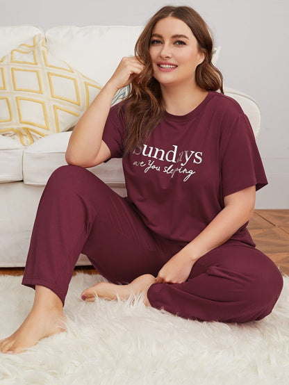 Plus Size Round Neck Slogan Graphic Top & Pants Sleepwear