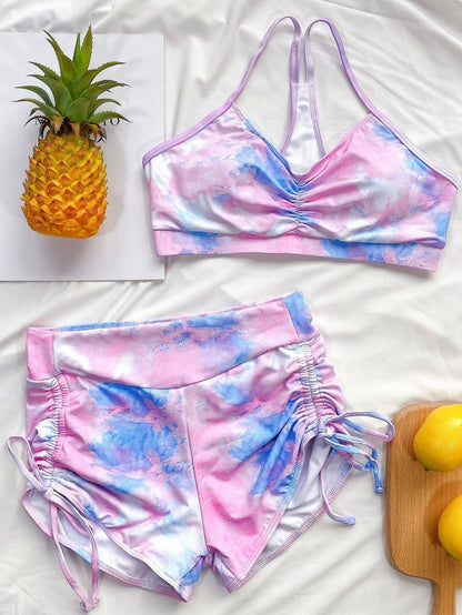 Tie Dye Drawstring Side Spaghetti Strap Bikini Swimsuit