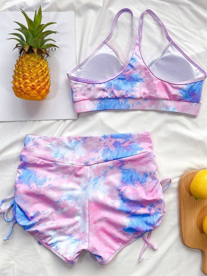 Tie Dye Drawstring Side Spaghetti Strap Bikini Swimsuit