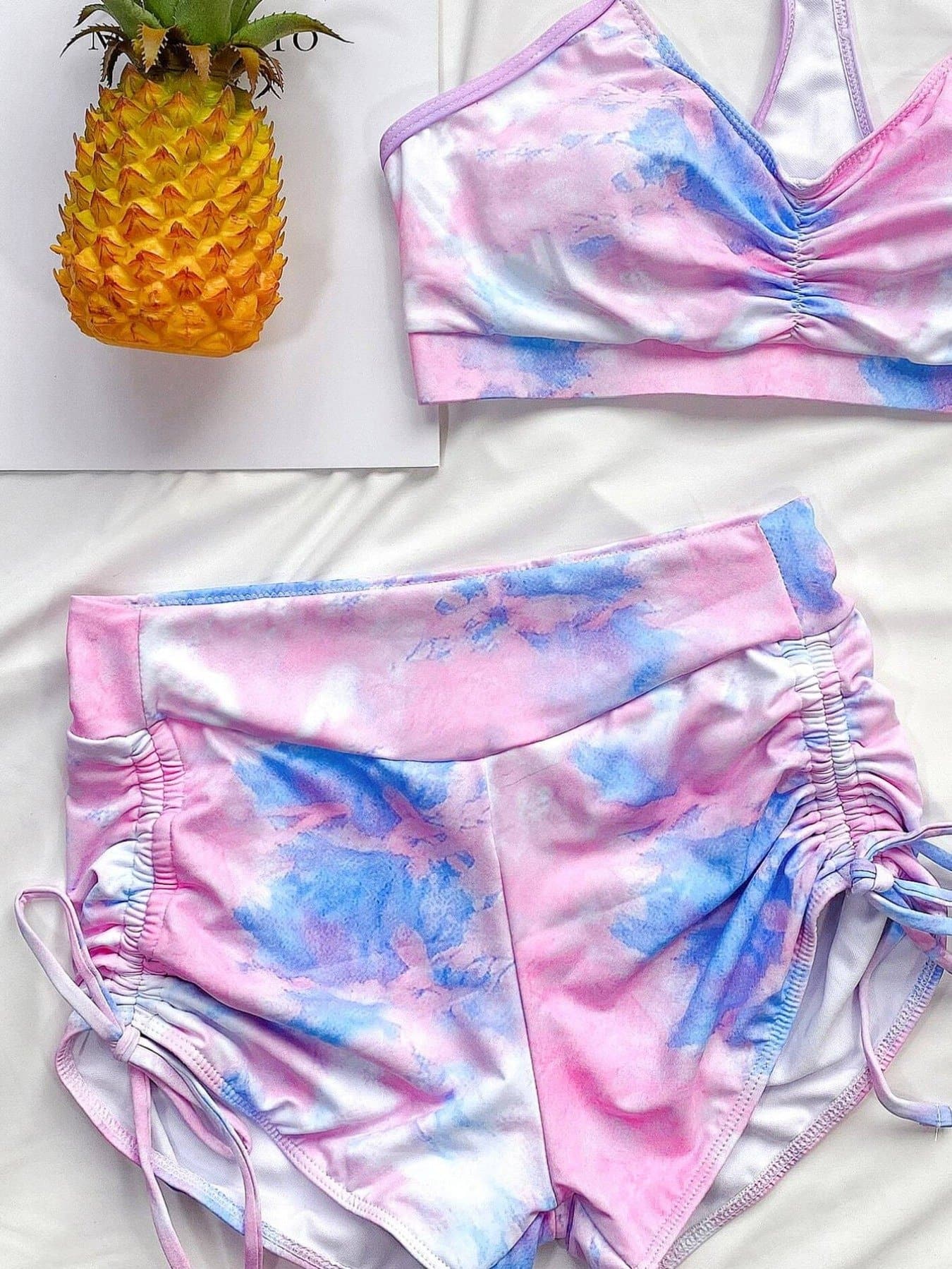 Tie Dye Drawstring Side Spaghetti Strap Bikini Swimsuit