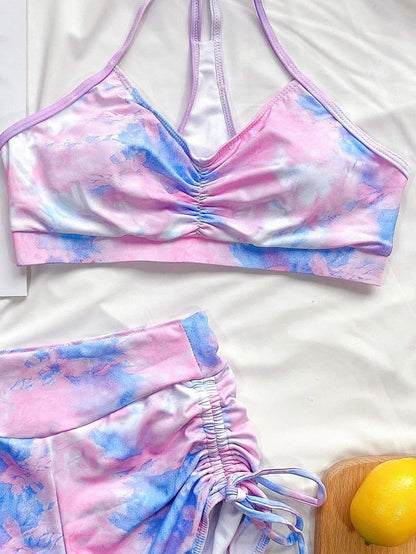 Tie Dye Drawstring Side Spaghetti Strap Bikini Swimsuit