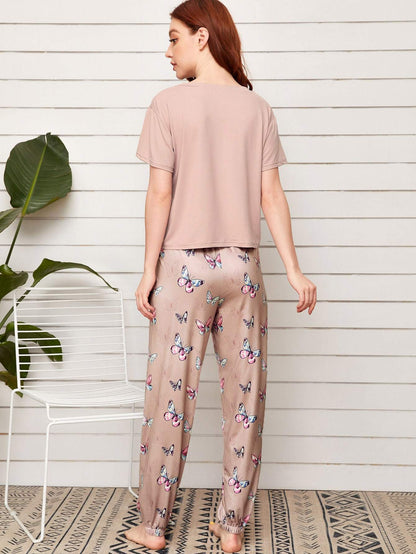 Round Neck Slogan and Butterfly Print Pyjama Sleepwear Set