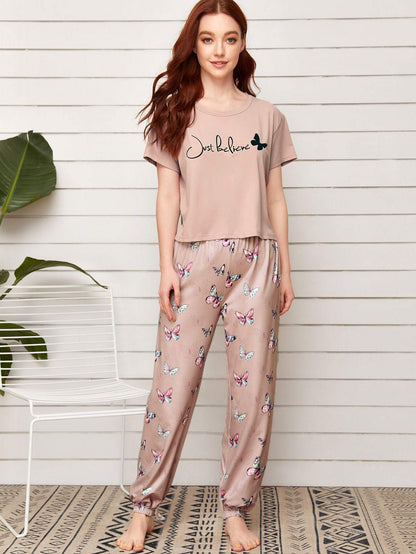 Round Neck Slogan and Butterfly Print Pyjama Sleepwear Set