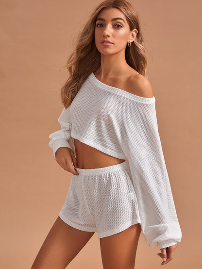 Waffle Knit Boat Neck Crop Tee & Shorts Sleepwear Set