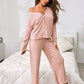 Lettuce Trim V-Neck Rib-Knit Button Front Pyjama Sleepwear Set