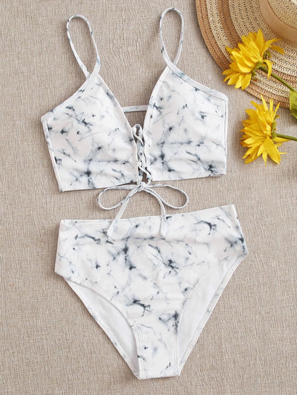 Marble Pattern Lace-up Spaghetti Strap Bikini Swimwear