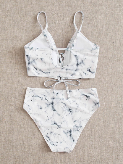 Marble Pattern Lace-up Spaghetti Strap Bikini Swimwear