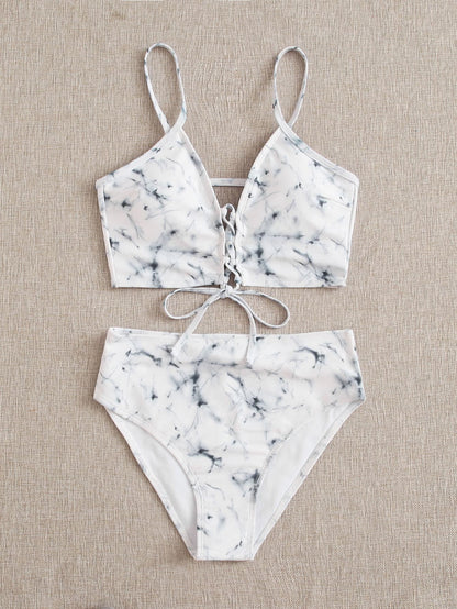 Marble Pattern Lace-up Spaghetti Strap Bikini Swimwear