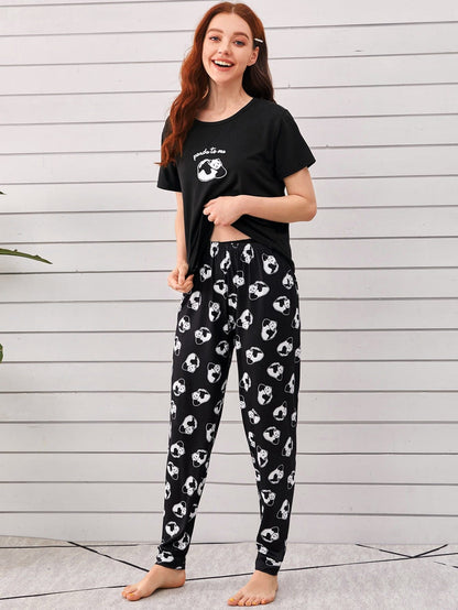 Black Round Neck Cartoon Panda Print Sleepwear Set