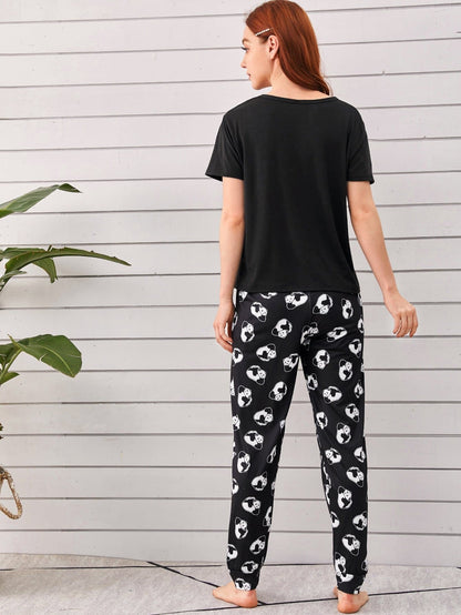 Black Round Neck Cartoon Panda Print Sleepwear Set