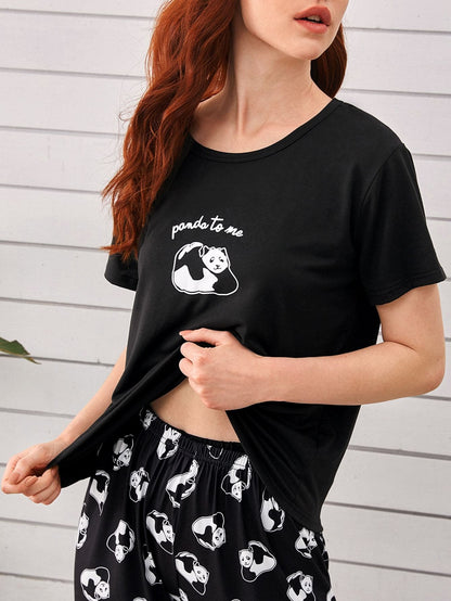 Black Round Neck Cartoon Panda Print Sleepwear Set