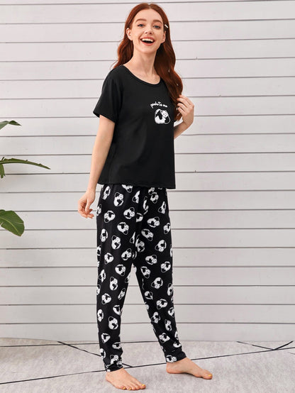 Black Round Neck Cartoon Panda Print Sleepwear Set