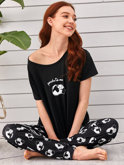 Black Round Neck Cartoon Panda Print Sleepwear Set