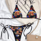 Chinese Dragon Print Halter Neck Triangle Tie Side Bikini Swimwear