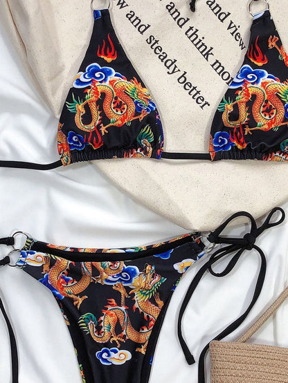 Chinese Dragon Print Halter Neck Triangle Tie Side Bikini Swimwear