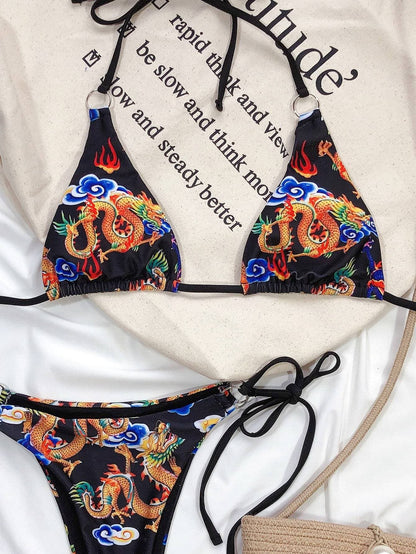 Chinese Dragon Print Halter Neck Triangle Tie Side Bikini Swimwear