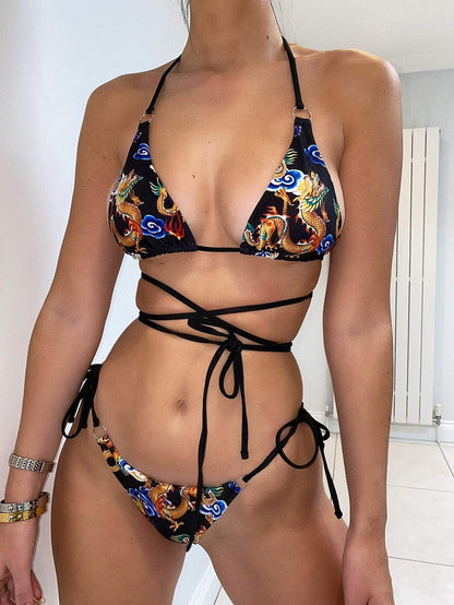 Chinese Dragon Print Halter Neck Triangle Tie Side Bikini Swimwear