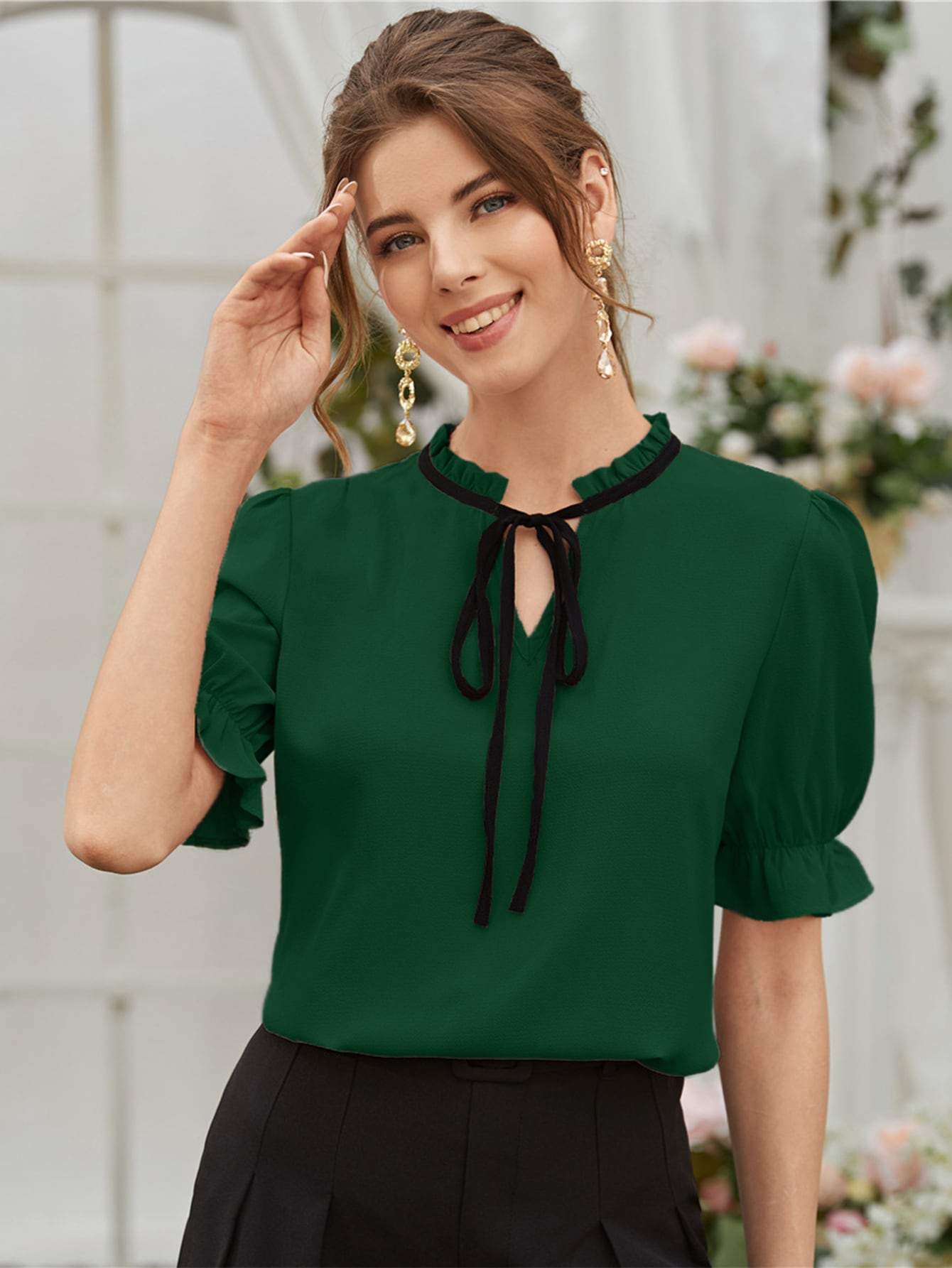 Tie Neck Flounce Sleeve Stand Collar Blouse Top