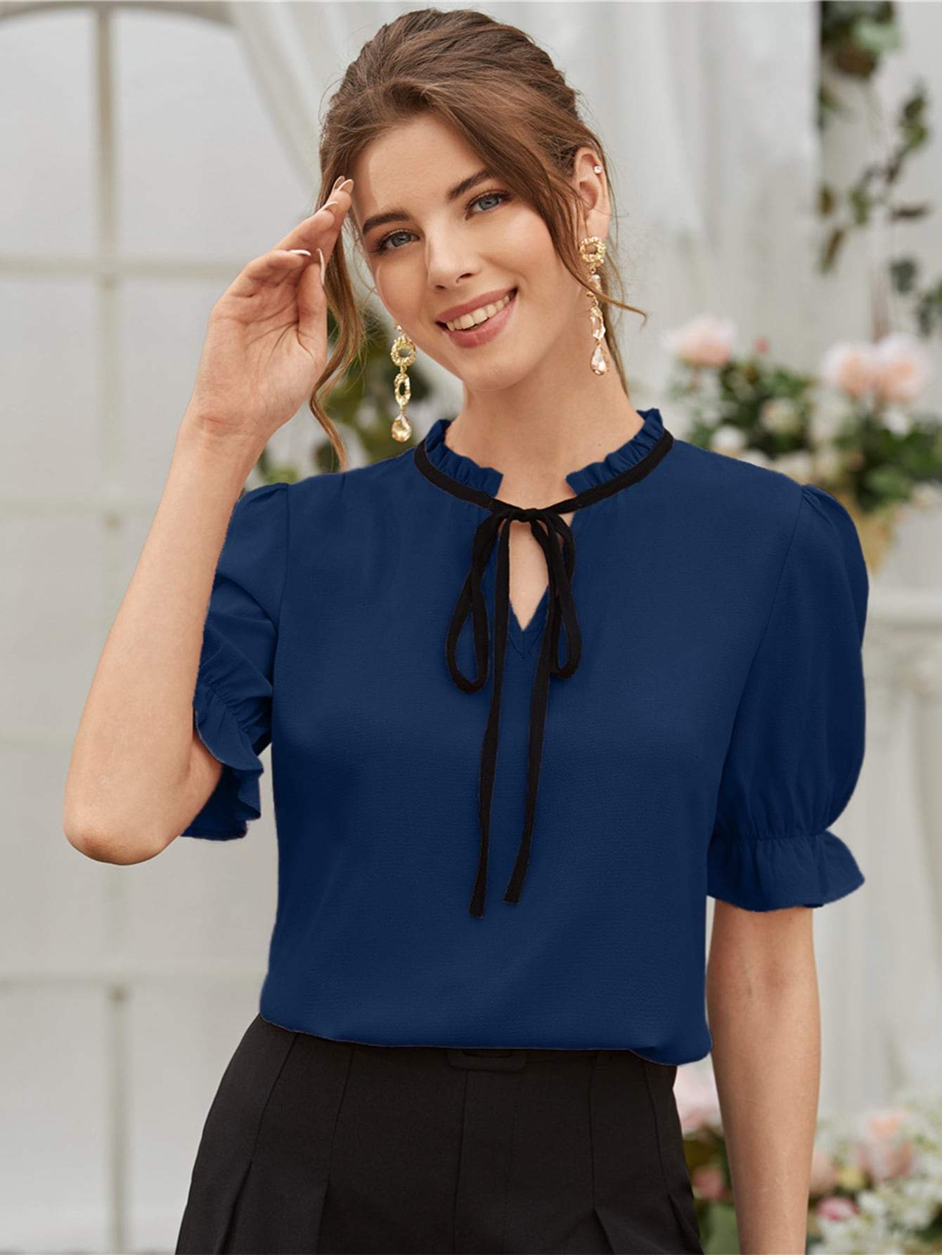 Tie Neck Flounce Sleeve Stand Collar Blouse Top