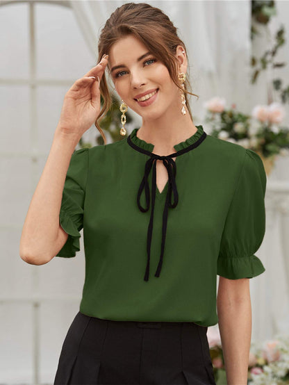 Tie Neck Flounce Sleeve Stand Collar Blouse Top