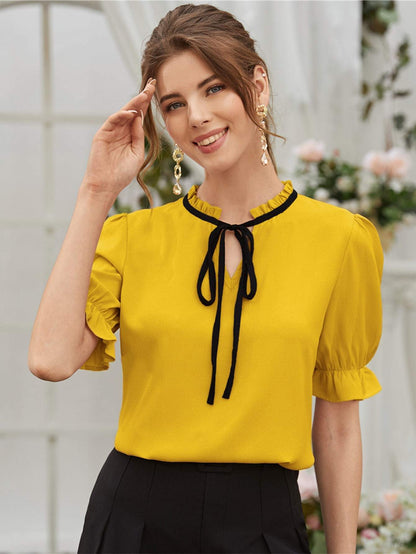 Tie Neck Flounce Sleeve Stand Collar Blouse Top