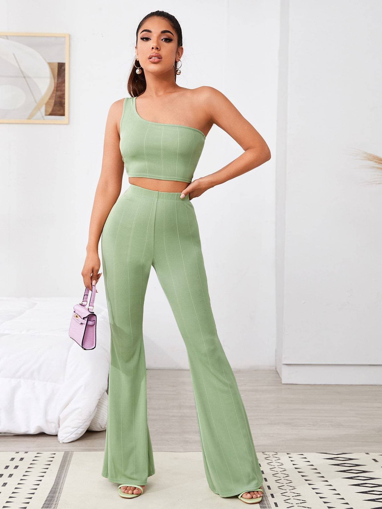 Ribbed One-Shoulder Sleeveless Crop Top and Flare Trousers Set