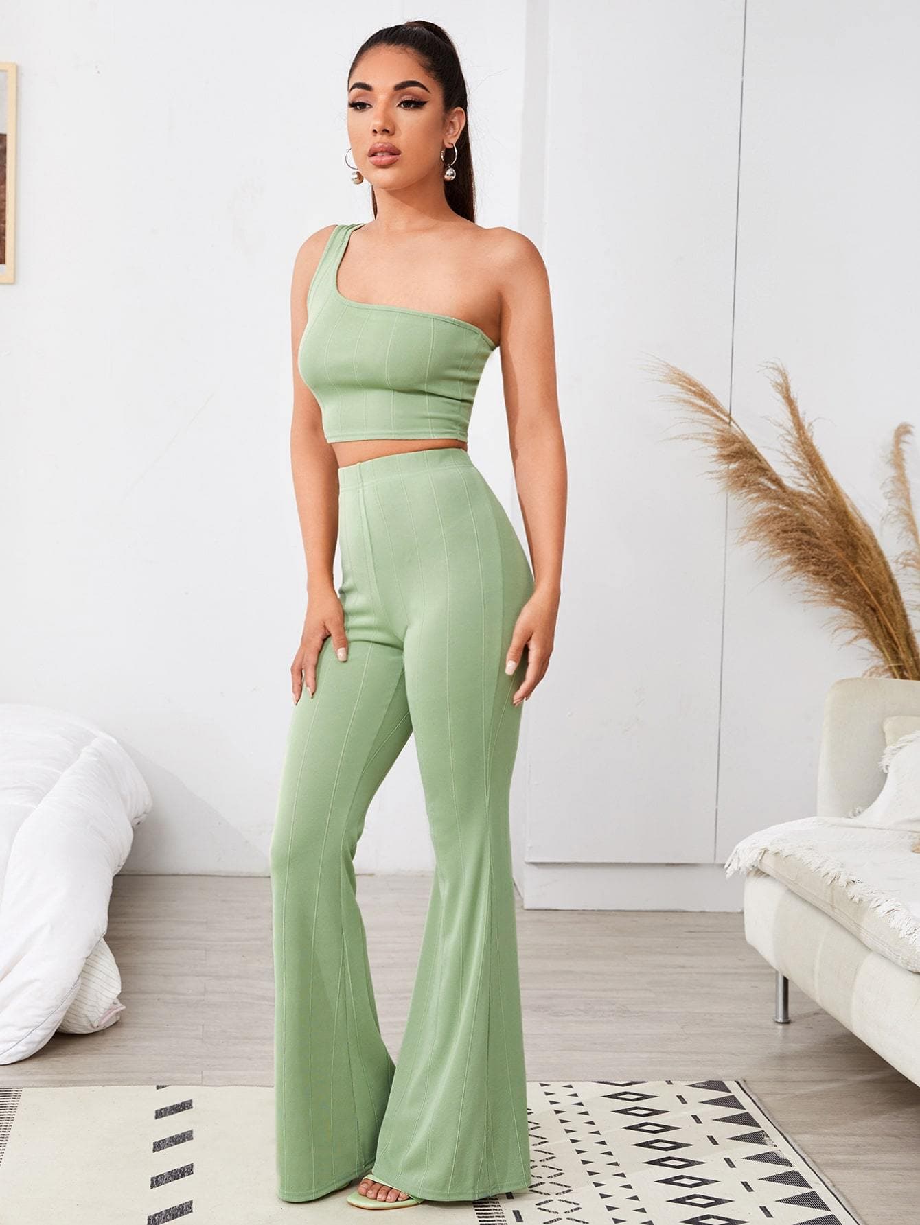 Ribbed One-Shoulder Sleeveless Crop Top and Flare Trousers Set