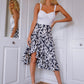 High waist Draped Front Asymmetrical Ruffle Trim Allover Print Skirt