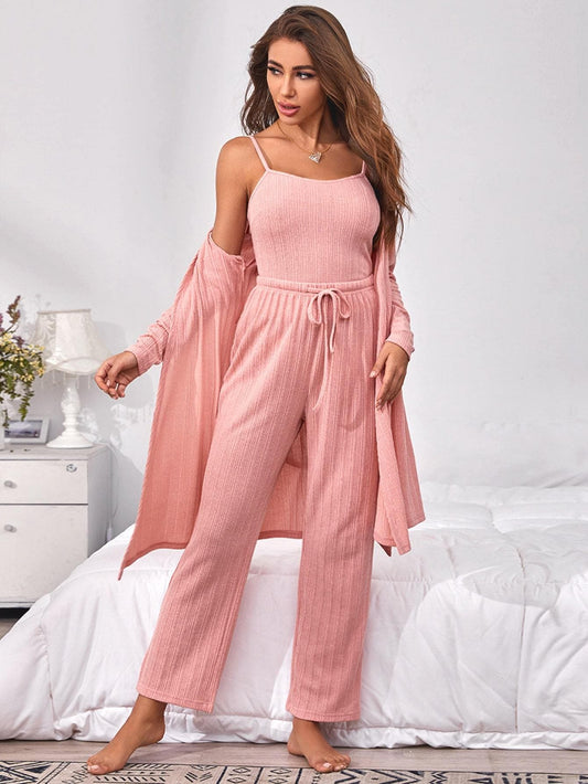 Spaghetti Strap3pcs Rib-knit Cami Top Trousers and Belted Robe
