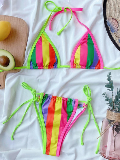 Rainbow Halter Self-Tie Bikini Swimwear