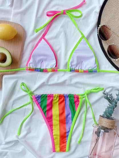 Rainbow Halter Self-Tie Bikini Swimwear