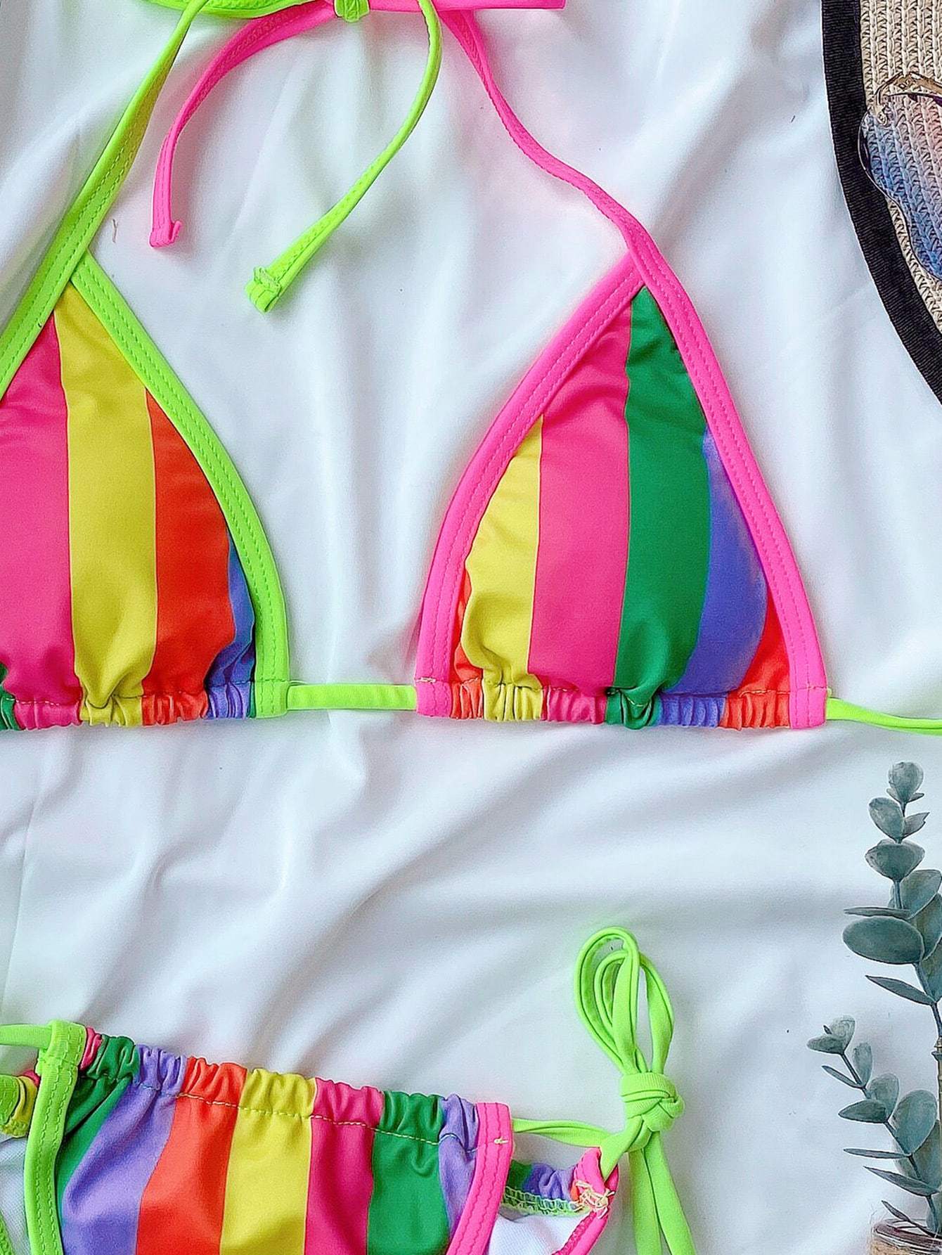 Rainbow Halter Self-Tie Bikini Swimwear