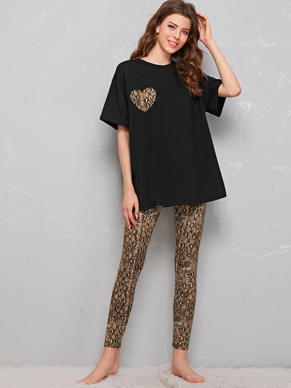 Round Neck Heart Patched Tee & Leopard Leggings Sleepwear Set