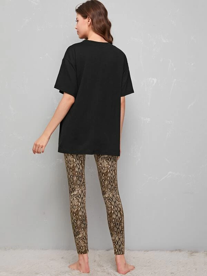 Round Neck Heart Patched Tee & Leopard Leggings Sleepwear Set