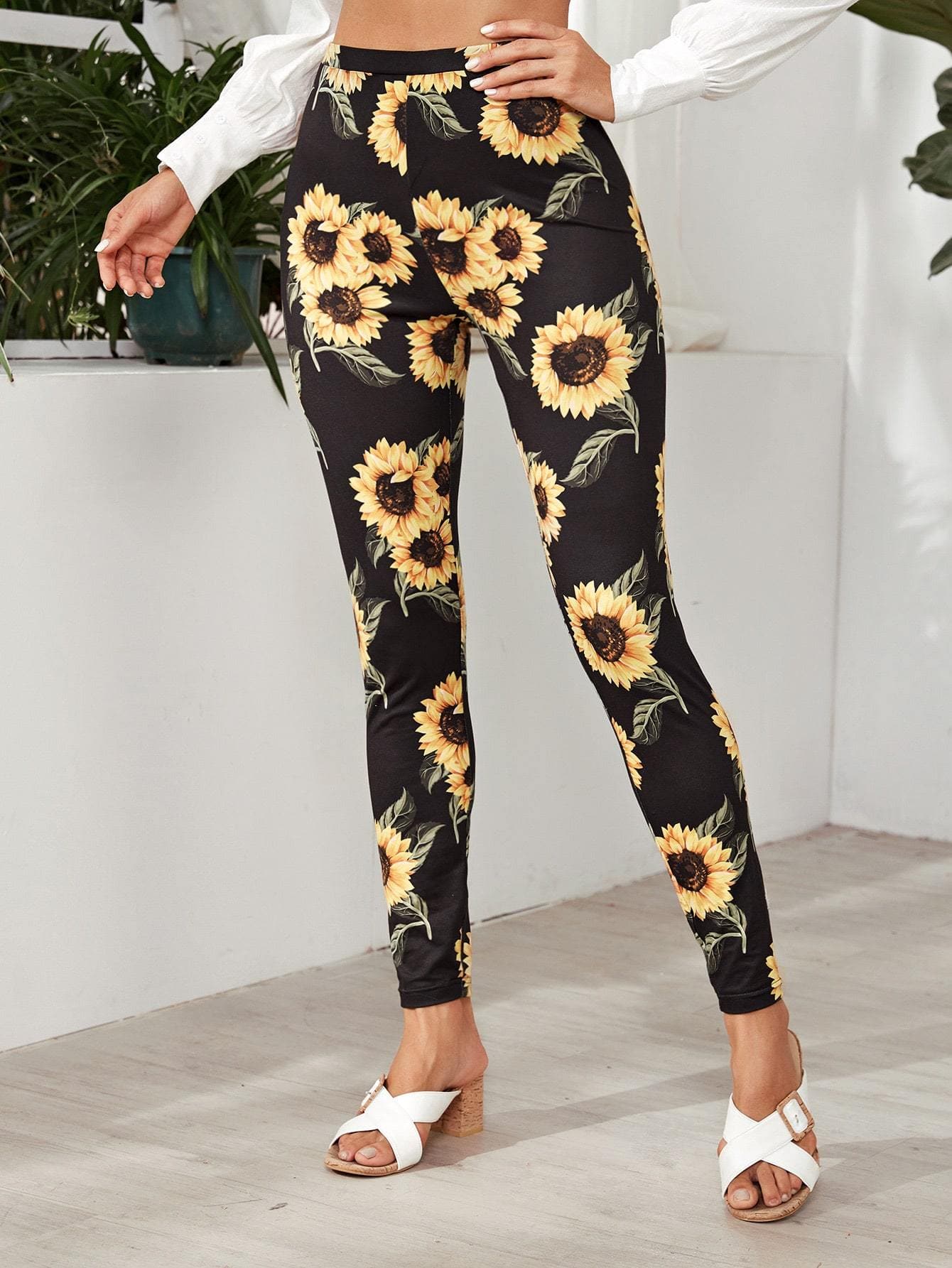 Black Elastic Waist Sunflower Print Leggings