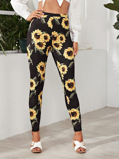 Black Elastic Waist Sunflower Print Leggings