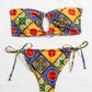 Geo Tribal Print Bandeau Cut-Out Knot Self-Tie Bikini Swimsuit