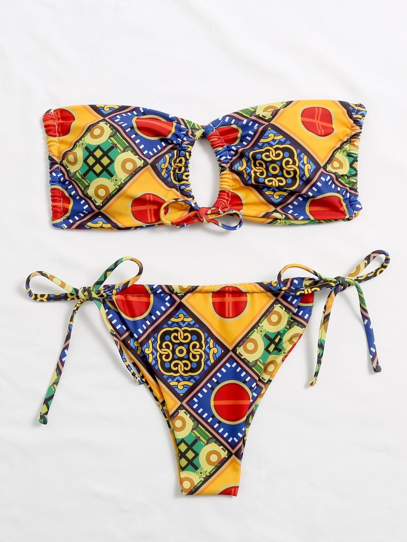 Geo Tribal Print Bandeau Cut-Out Knot Self-Tie Bikini Swimsuit