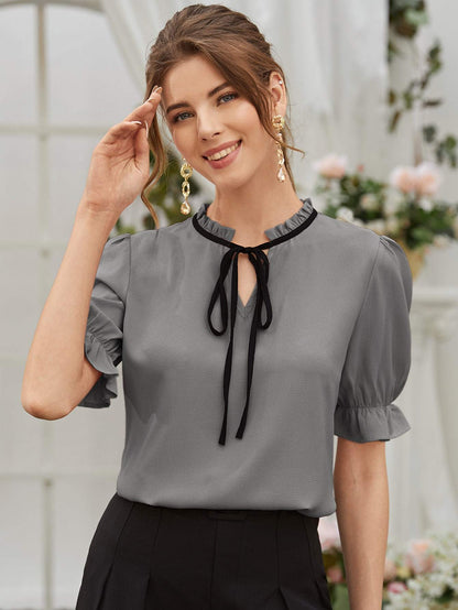 Tie Neck Flounce Sleeve Stand Collar Blouse Top